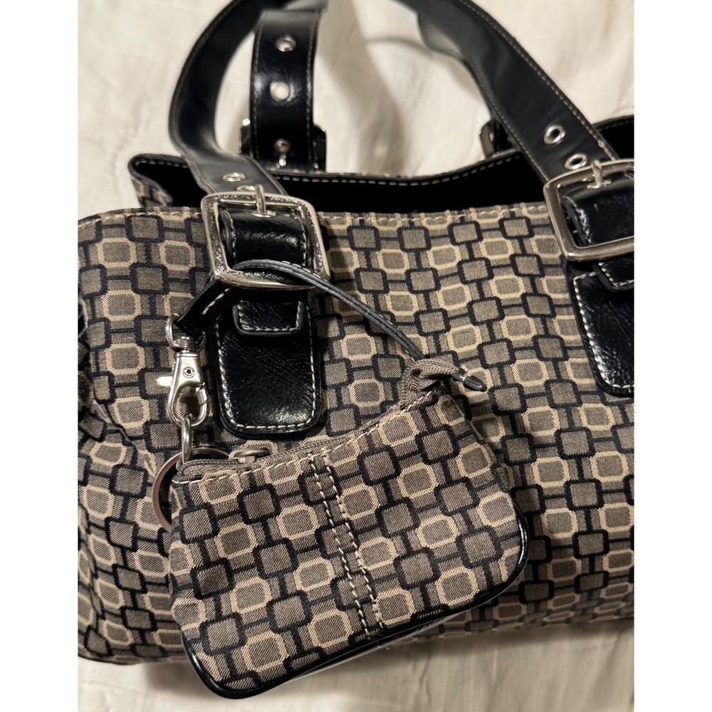 Nine West Geometric Print Satchel Shoulder Bag Black Tan with Coin Pouch Large - Picture 4 of 16